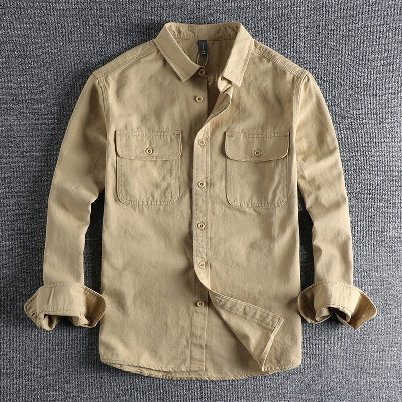 Simple Lapel Art Workwear Shirt Men's Washed Breathable Comfortable All-match Youth Long Sleeve Shirt