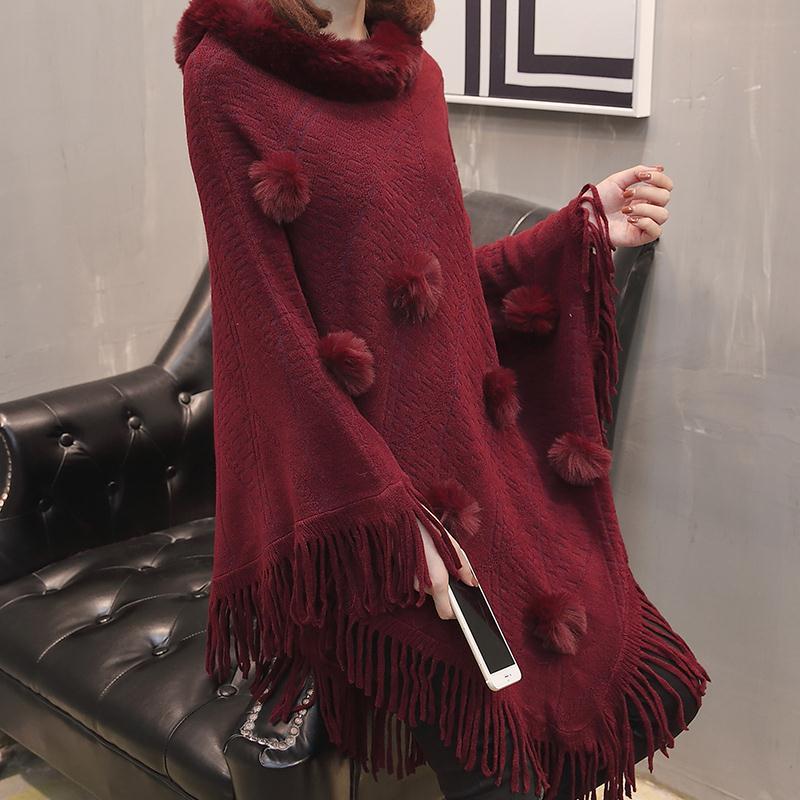 Loose Outer Wear Fur Collar Bat Shirt With Hand-woven Tassels