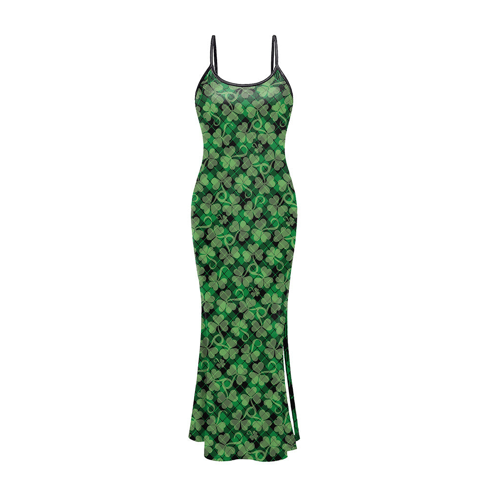 New Arrival Green Leaves 3D Digital Print Slip Dress For Women