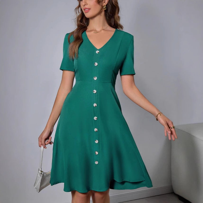 New V-neck Single-breasted Solid Color Dress