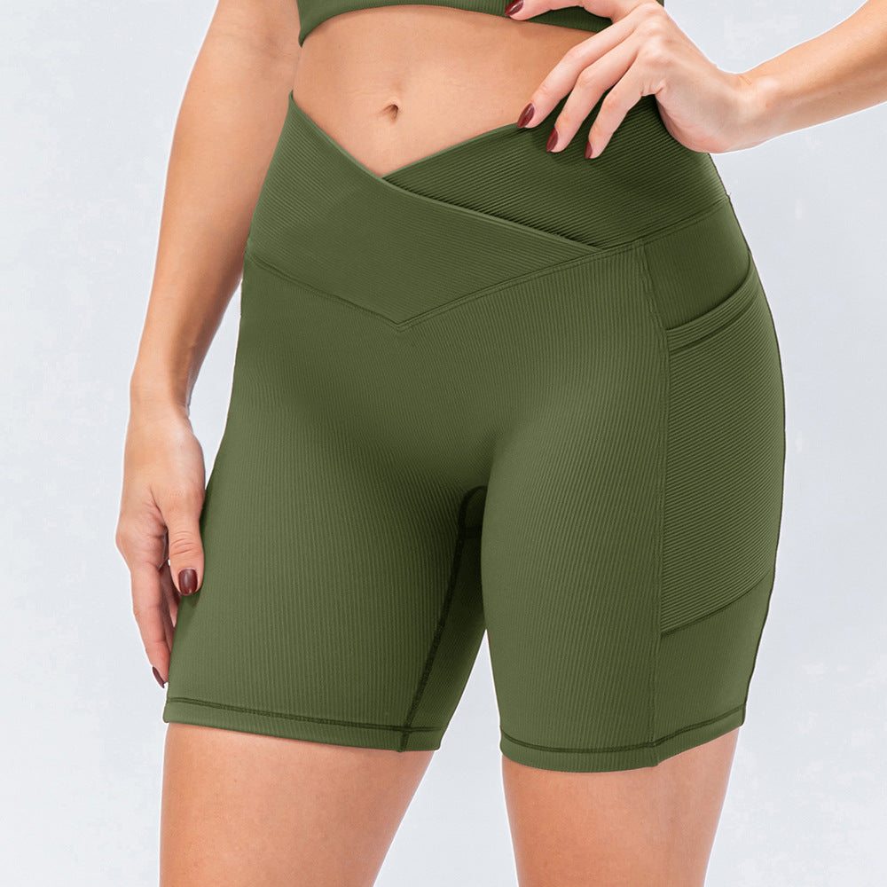 New Women's Yoga Shorts Cross Waist Slim Fit Fitness Pants Pockets High Waist Hip Lift Running Exercise Shorts
