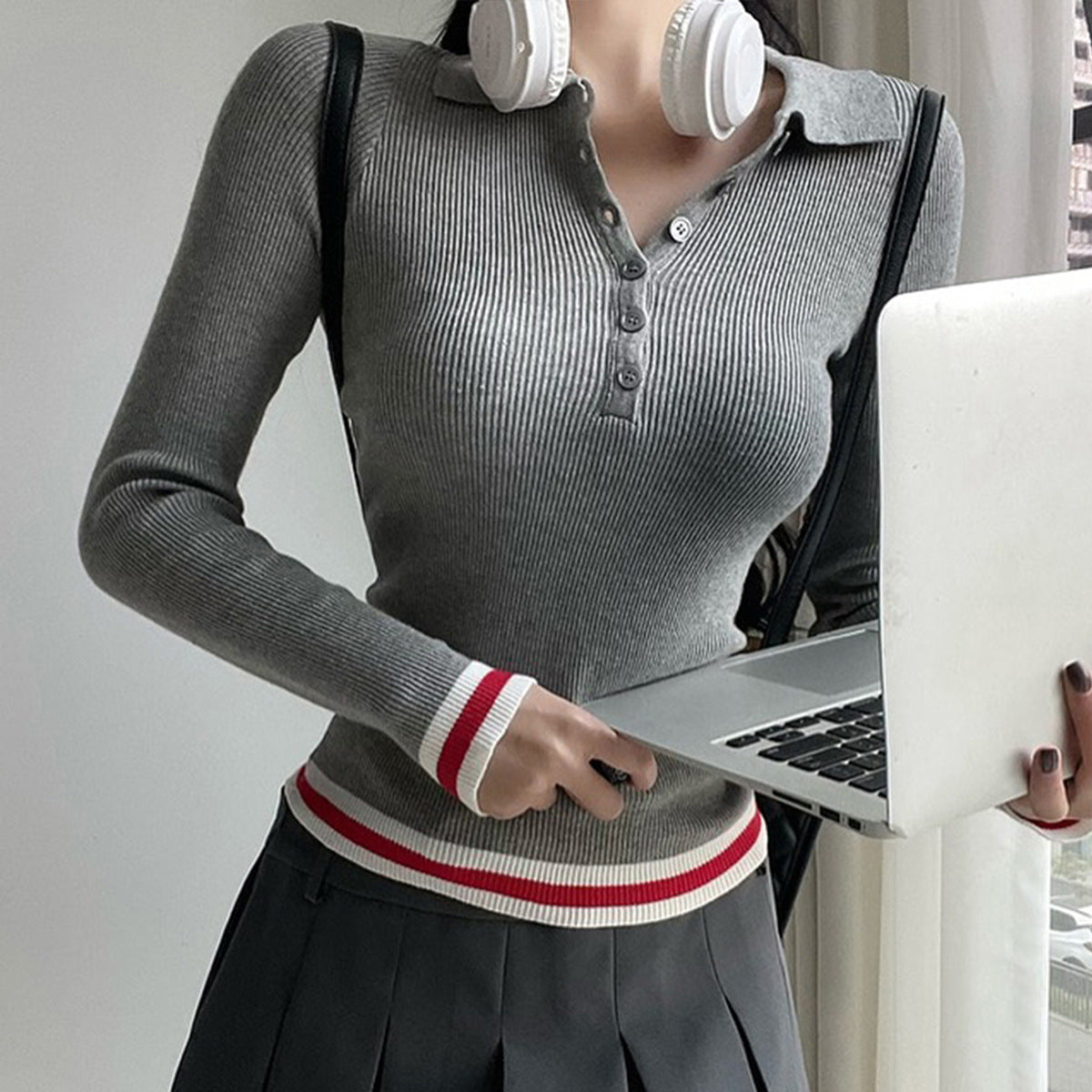 Elegant Commuter Lapel Long-Sleeve Knit Top