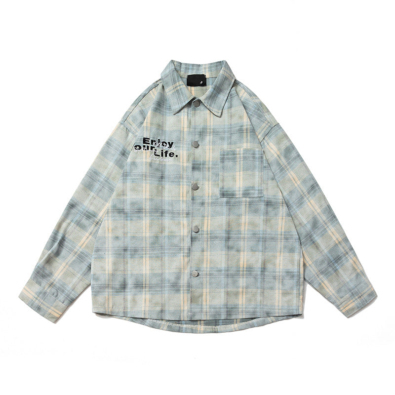 American-style Retro Alphabet Embroidered Plaid Long-sleeved Shirt