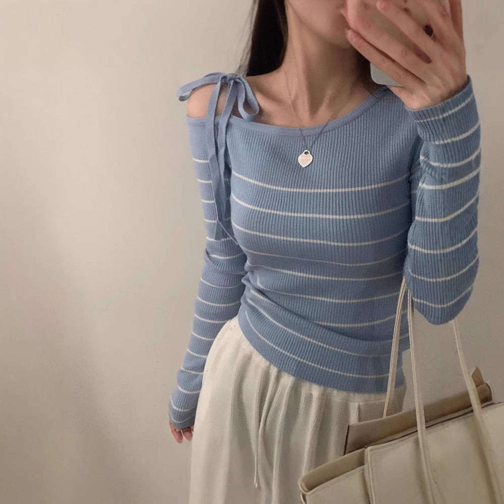 Casual Diagonal Collar Off-the-shoulder Strap Striped Color Matching Sweater Top