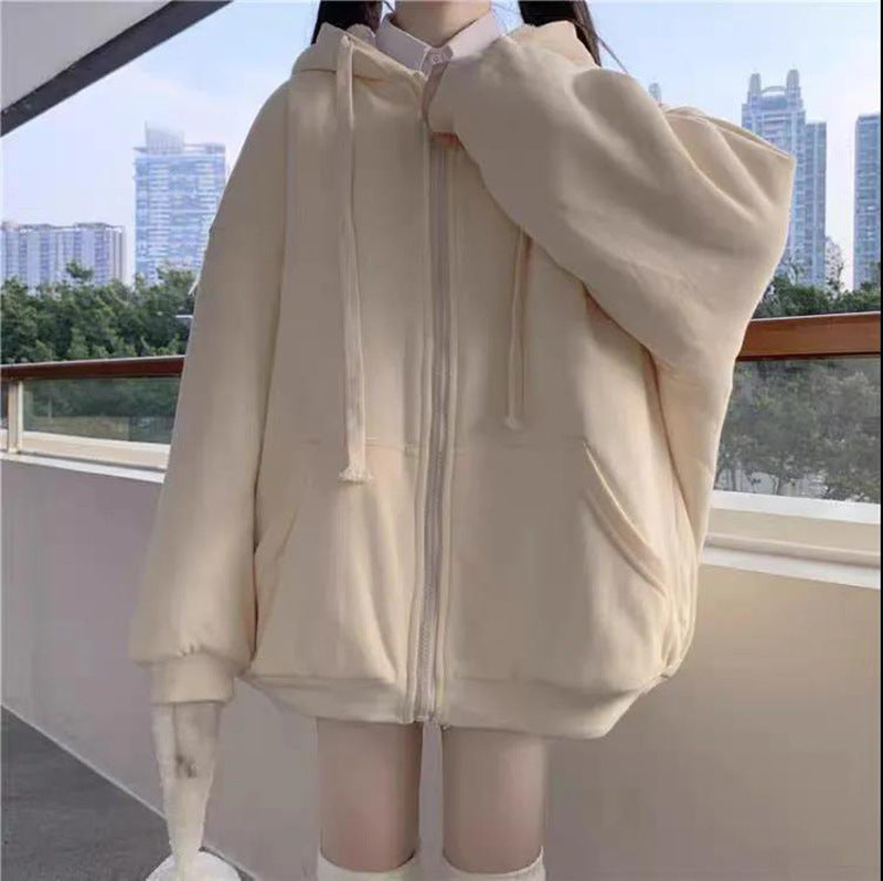 Casual Loose Versatile Zip Solid Hooded Jacket