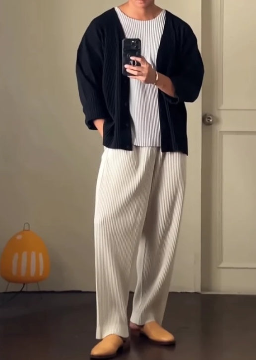 Three-Piece Suit Men's Casual Pleated Short-Sleeved Cardigan And Pants