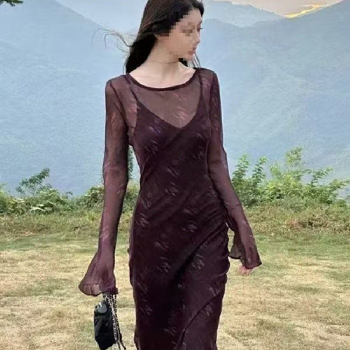 Womens Purple Mesh Flared-Sleeve Floral Slip Dress
