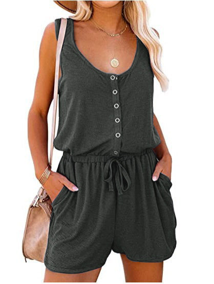 European And American Women's Clothing Sleeveless Waist Tie Casual Loose Wide-leg Jumpsuit