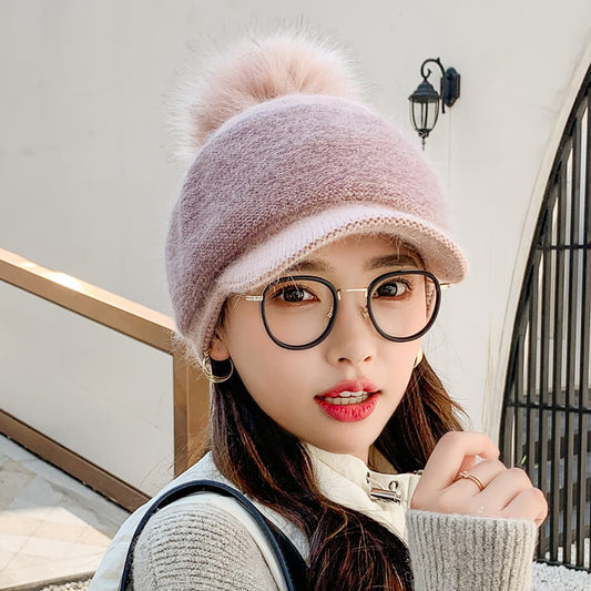 Korean Girls Fur Ball Color Matching Knitted Hat