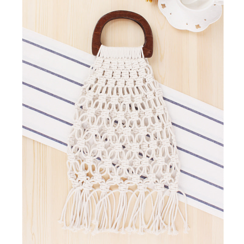 New Wooden Handle Portable Net Bag Straw Woven Bag Cotton Rope Hand-woven Bag