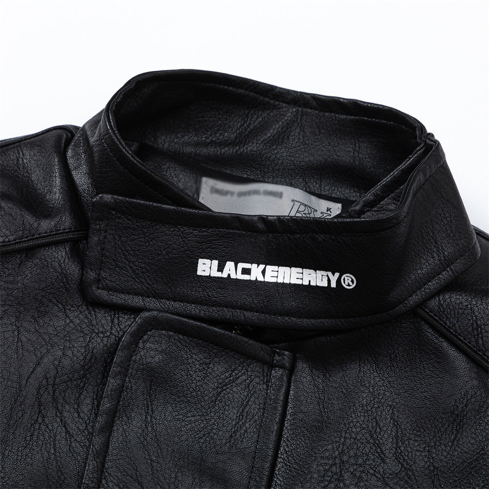 Loose Casual Deconstructing Patchwork Stand-up Collar PU Leather Jacket Coat