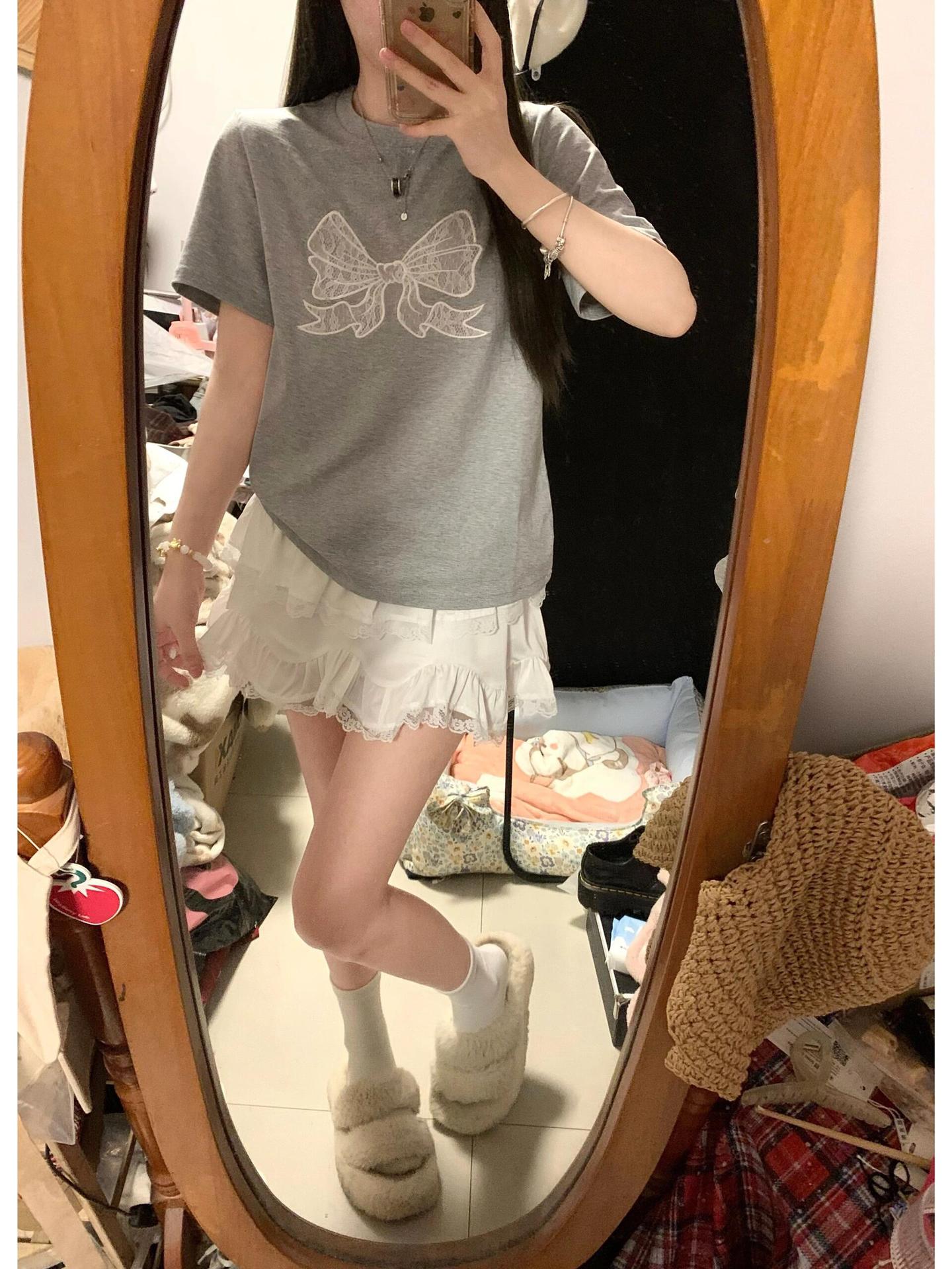 Gray Embroidered Bow Shoulder Short Sleeve
