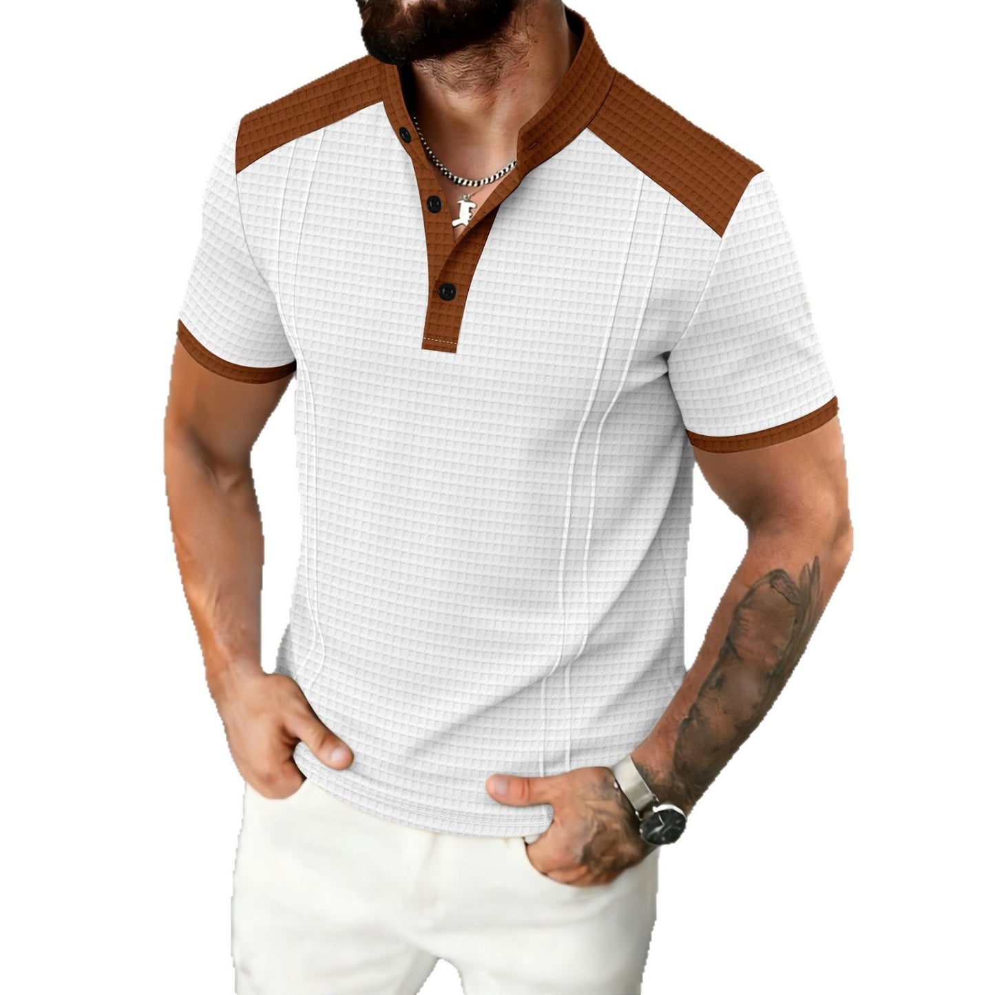 Men's Waffle-Weave Contrasting Color Short-Sleeve Casual Breathable Top
