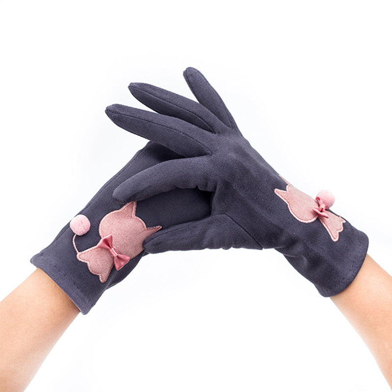 Autumn And Winter Embroidered Cat Touch Screen Gloves Suede Thickened Fleece-lined Riding Warm Gloves
