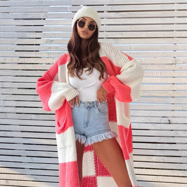 Mid-length Casual Color Plaid Sweater Cardigan Women's Clothes