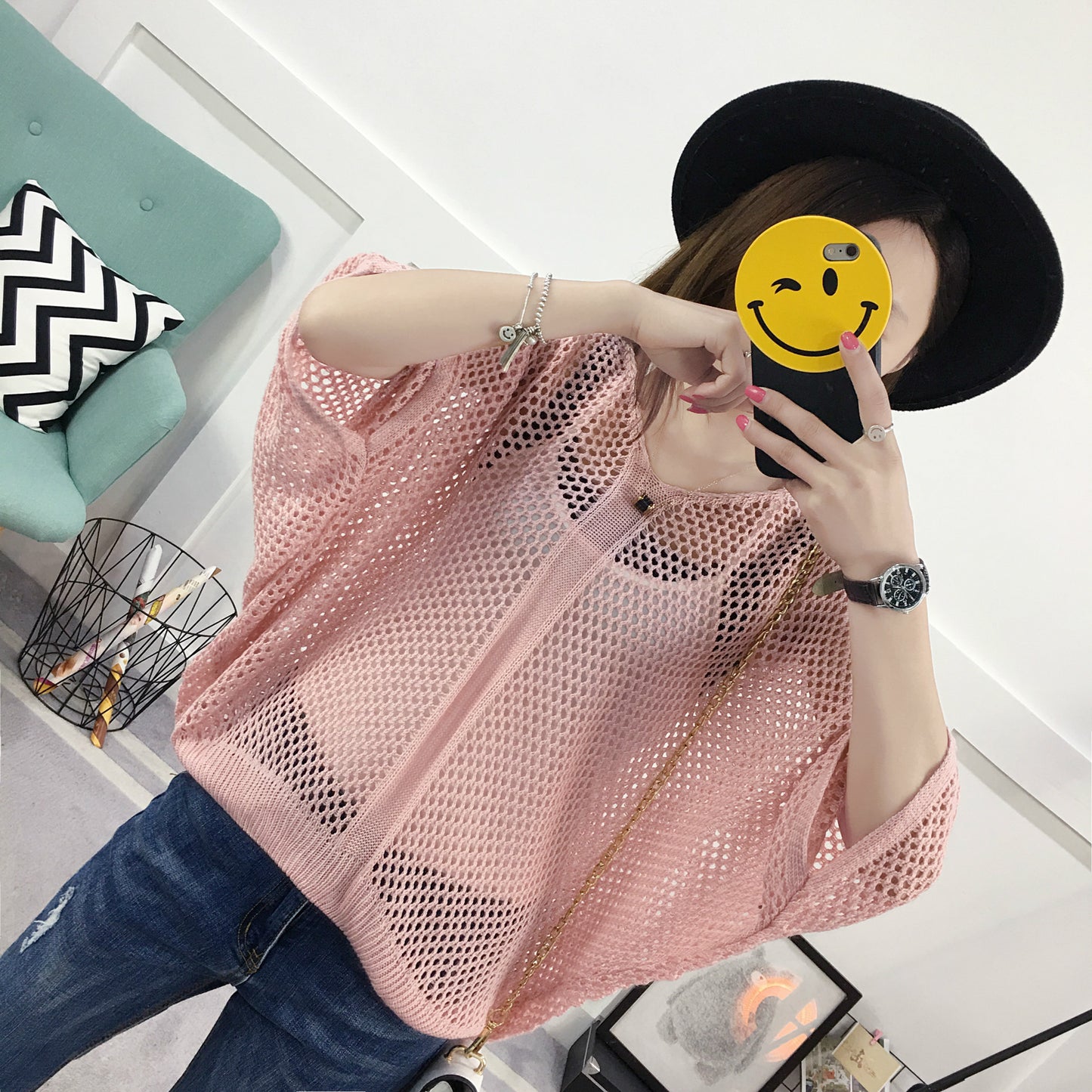 Spring And Summer Loose V-neck Hollow Sweater