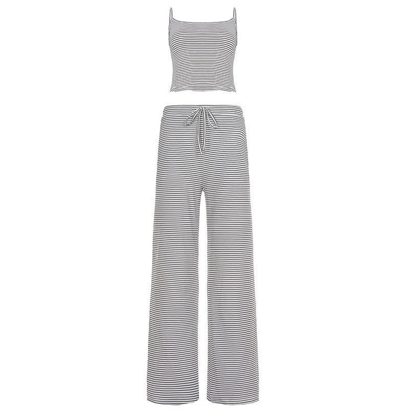 Striped Camisole Top And Elastic-waist Pants Loungewearpajama Two-piece Set