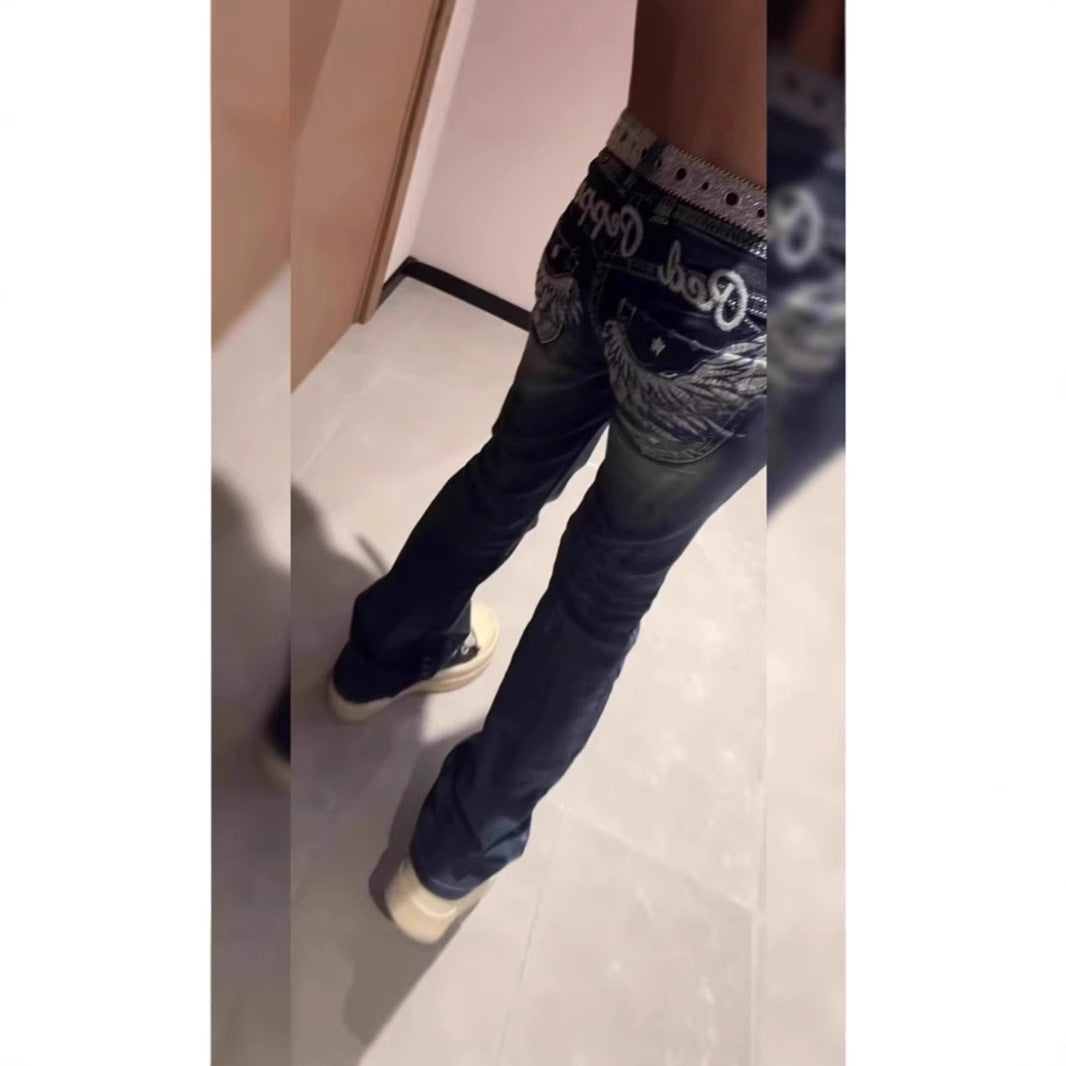 American-style Chic Edgy Embroidered Wing Jeans With A Designer Vibe