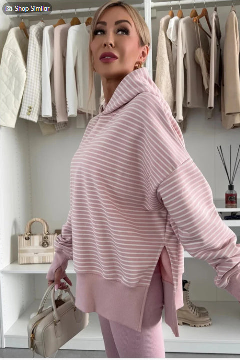 Striped Thumb Hole Side Seam Off-shoulder Loose Hoodie