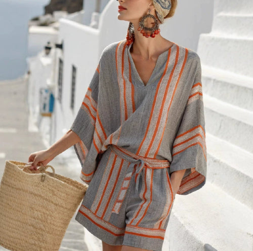 Relaxed-fit Striped Tie-front Jumpsuit Pants For Vacation