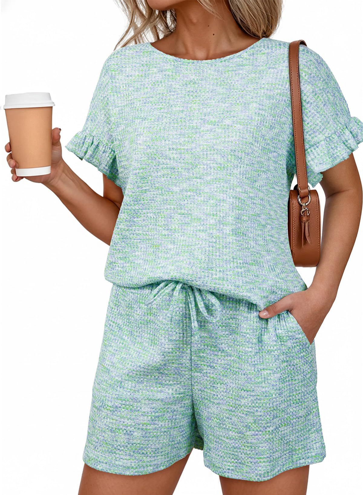 Summer Crew Neck Pullover Ruffle Sleeve Drawstring Pocket Shorts Set