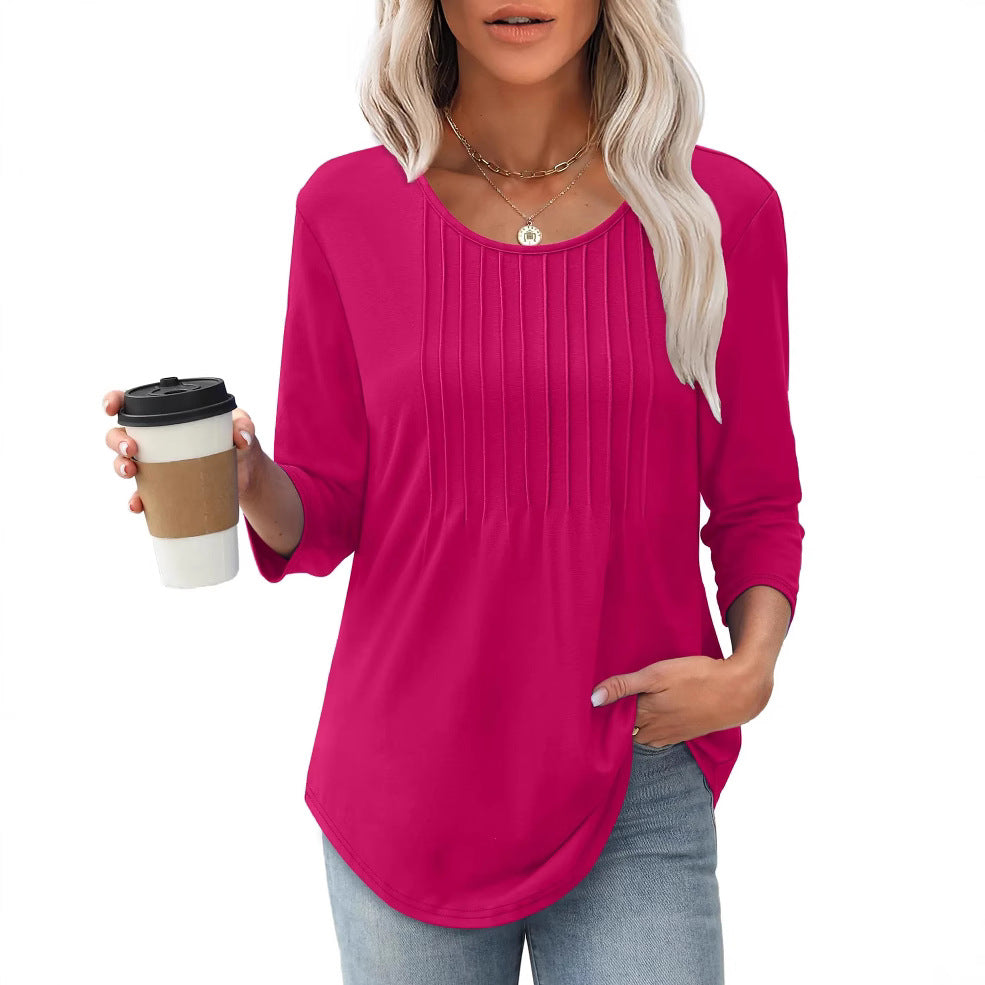 Women's Long Sleeve Top Fashion Casual Pleated Low Round Neck