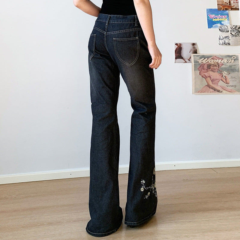 Ladies' Retro Slim Fit And Slimming Plant Embroidery Low Waisted Jeans