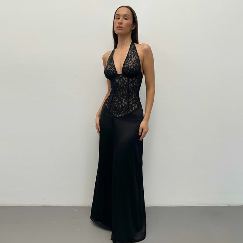 Womens Fashion Hollowed-Out Backless Lace Dress