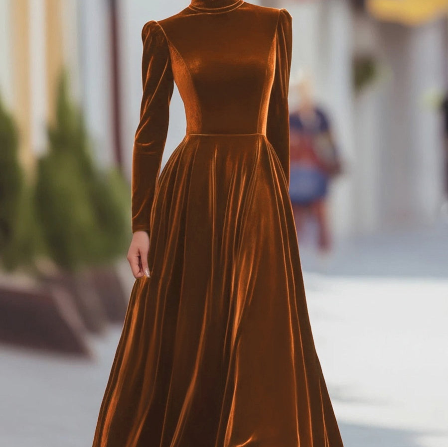 Womens Elegant Long Dress With A High Neck And Puffed Sleeves