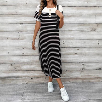 Womens Crew-Neck Slit Short-Sleeve Striped Dress