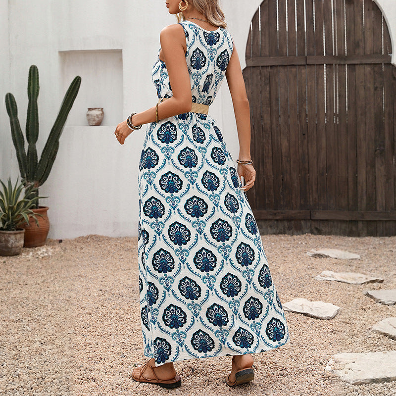 Womens Printed V-Neck Sleeveless Split Dress