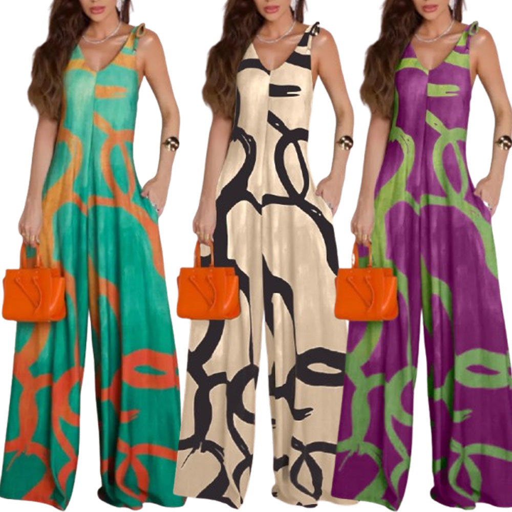 Printed V-neck Lace-up Jumpsuit Pocketed Vest-style Wide-leg Romper