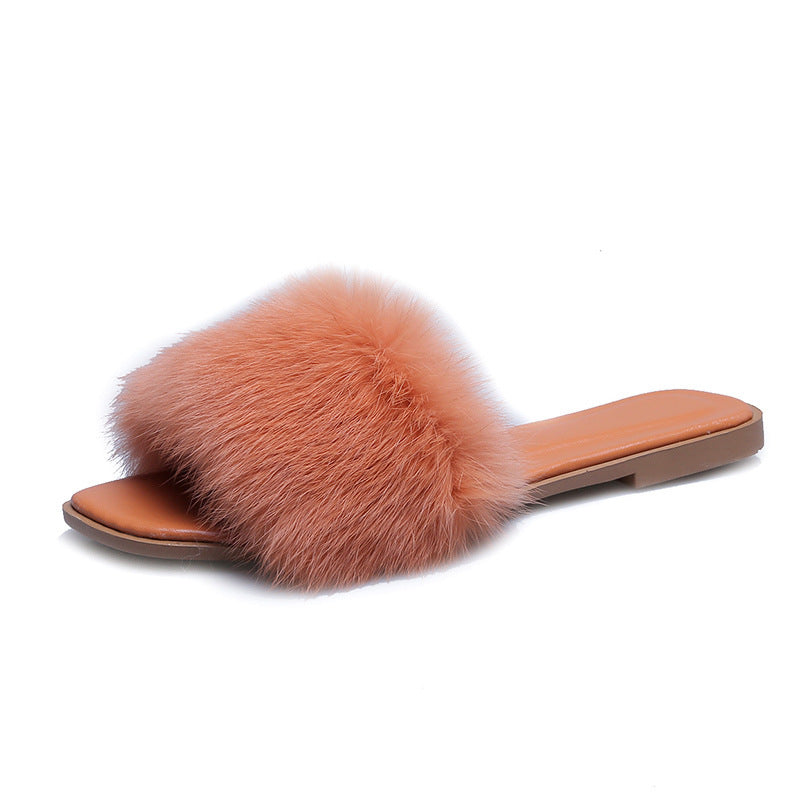 Fashion Rabbit Fur Flat Women's Slippers Plus Size
