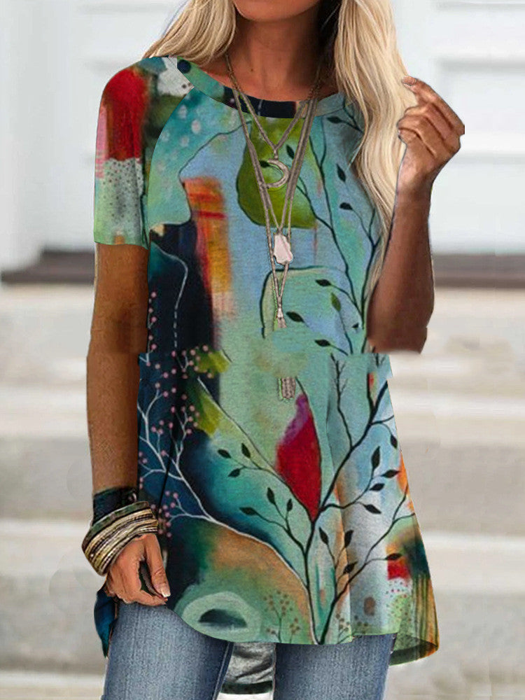 Dame løs T-shirt med print og rund hals og lange ærmer