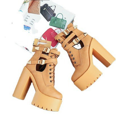 Lace-up Back Zipper Chunky Heel High Heel Short Boots Female Boots