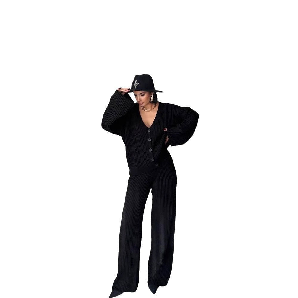 Casual Women's Solid Color Long Sleeve Button Cardigan Sweater Pants Set