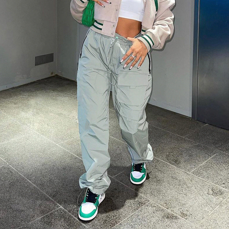 High Waist Straight Tube Pocket Overalls Casual Trousers