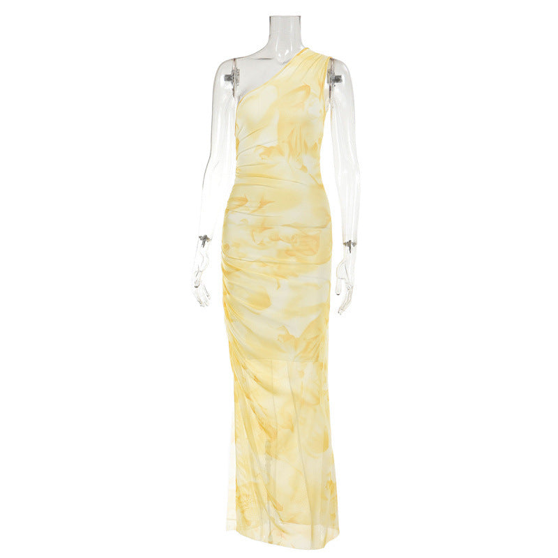 Mesh-printed Pleated Slim-fit Midi Dress