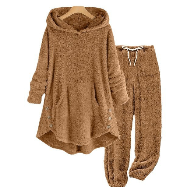 New AutumnWinter European And American-style Casual Womens Solid-color Plush Hooded Long-sleeve Pants