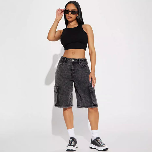 Street Washed Frayed Hem Women's Denim Straight Short Pants