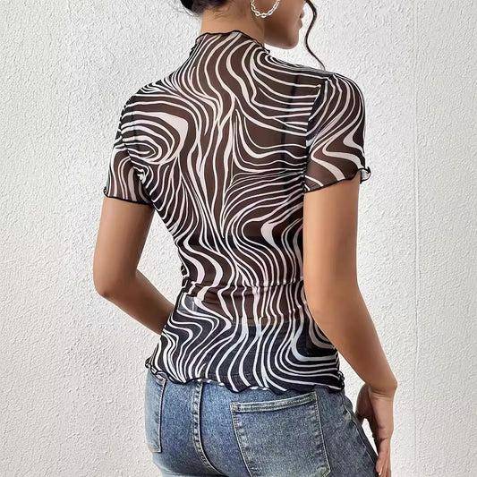 Elegant Womens Mesh Top With Floral Print Striped Design And Ruffle Trim Short Sleeves