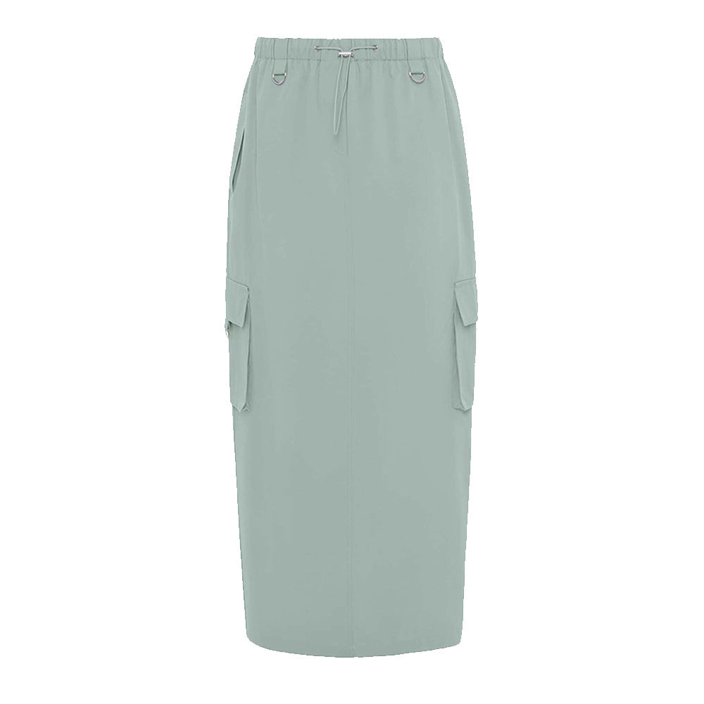 Women's Fashion Drawstring Elastic Waist Double Pocket Cotton High Waist Skirt