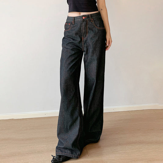 Women's Retro Contrast Embroidered Original Wide-leg Jeans