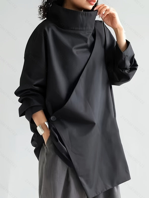 New Dark High Cascading Collar Long Sleeve Shirt