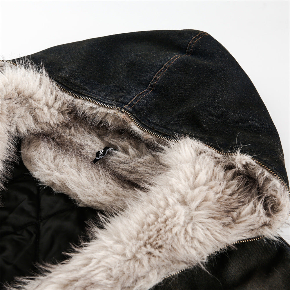 Distressed Dirty Denim Hooded Cotton Coat Jacket Winter Men