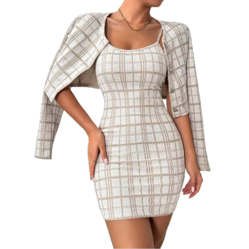 Womens Plaid Long-Sleeve Jacket And Suspender Skirt Set