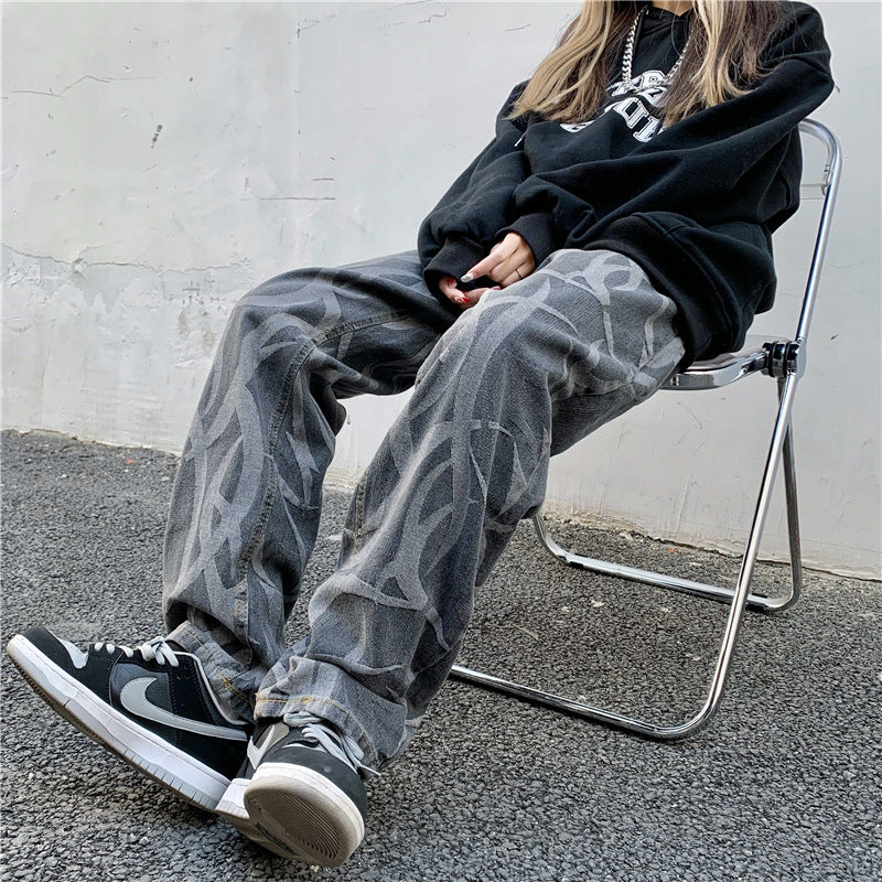 Højtaljede Straight Hip Hop Bukser Løse Og Tynde Wide Leg Jeans Med Print