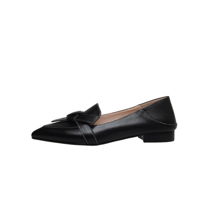 Full Leather Shoes With Pointed Bow