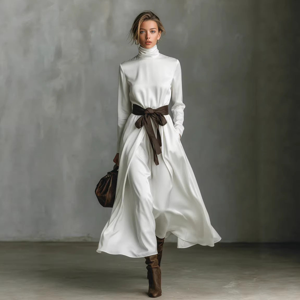 Mid-length Long-sleeve Dress With A Contrasting Belt