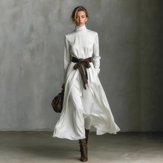 Mid-length Long-sleeve Dress With A Contrasting Belt